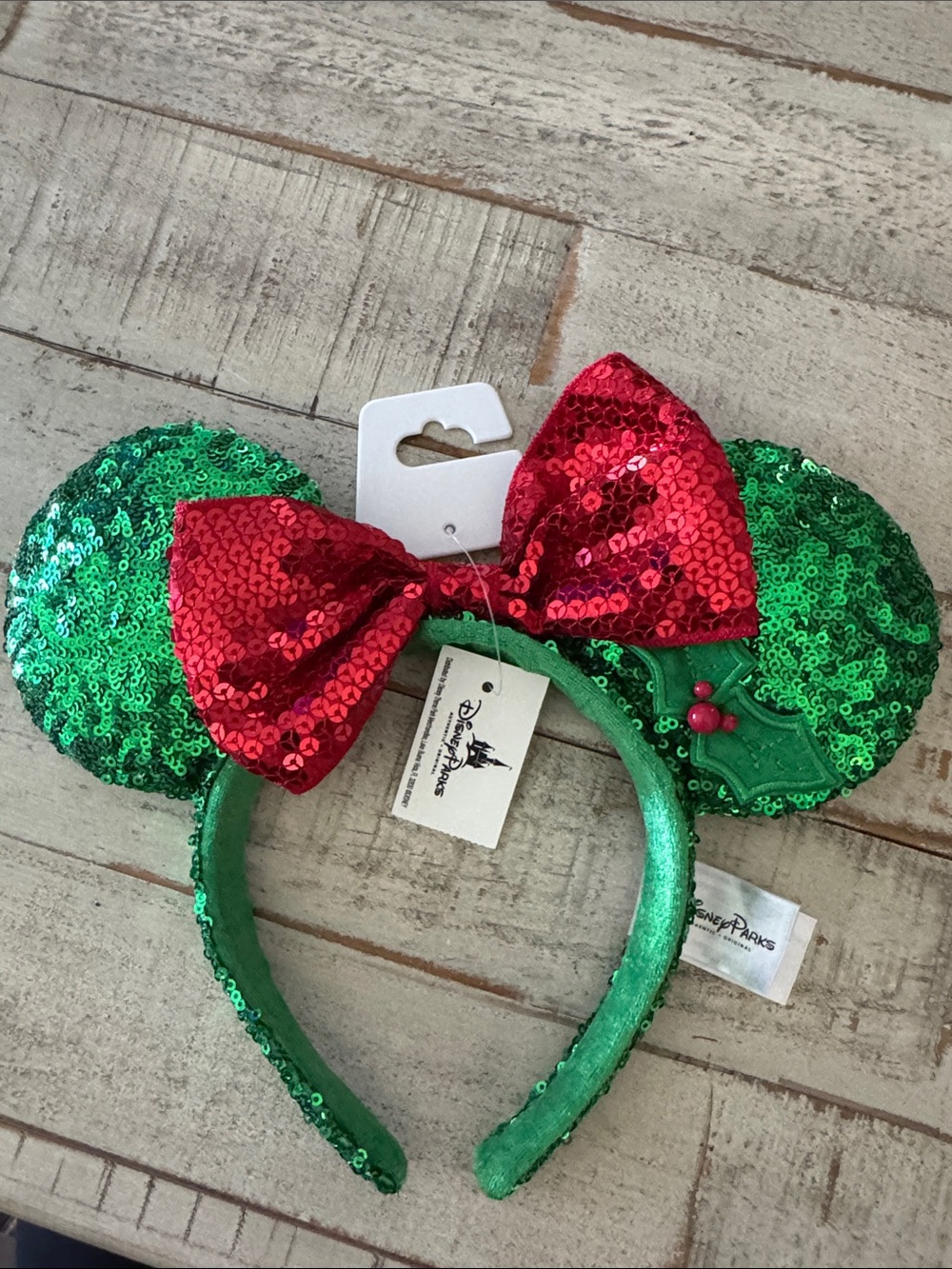 Disney/Christmas Green Sequin Minnie Ears Headband with Red Sequin Bow